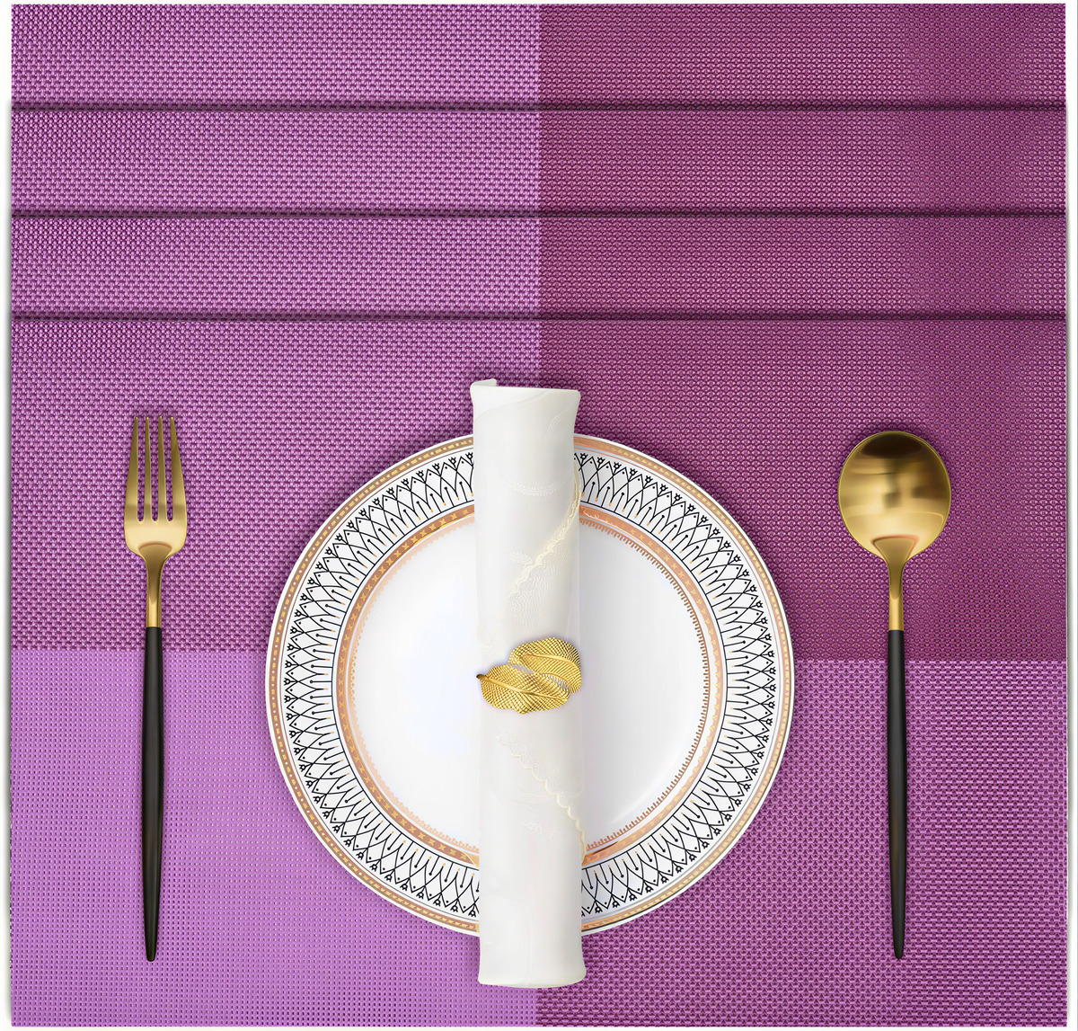 Pink and purple PVC placemats with a textured surface, heat and scratch resistant, washable indoor outdoor table protectors.