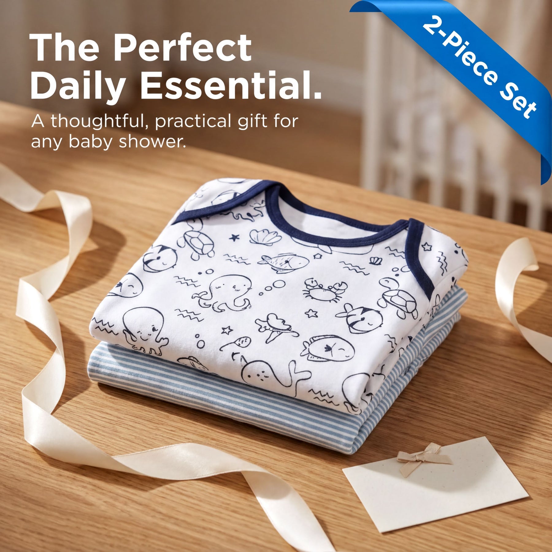 a set of baby shower essentials, including a baby onesie with a playful design, a folded blanket, and a small card with a bow.