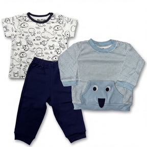 a collection of baby clothing items, including a white t-shirt with a black and white ocean print, navy blue pants, and a light blue striped shirt with a face design.