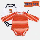 a set of two baby onesies, one striped and one plain white, arranged side by side.