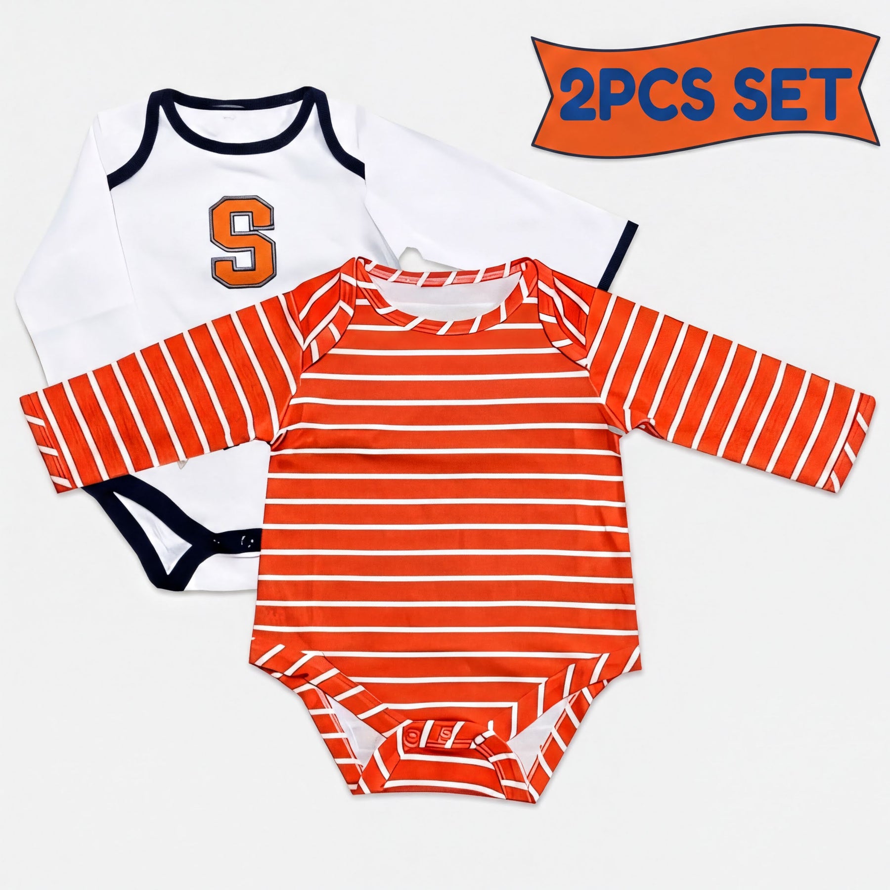 a set of two baby onesies, one striped and one plain white, arranged side by side.