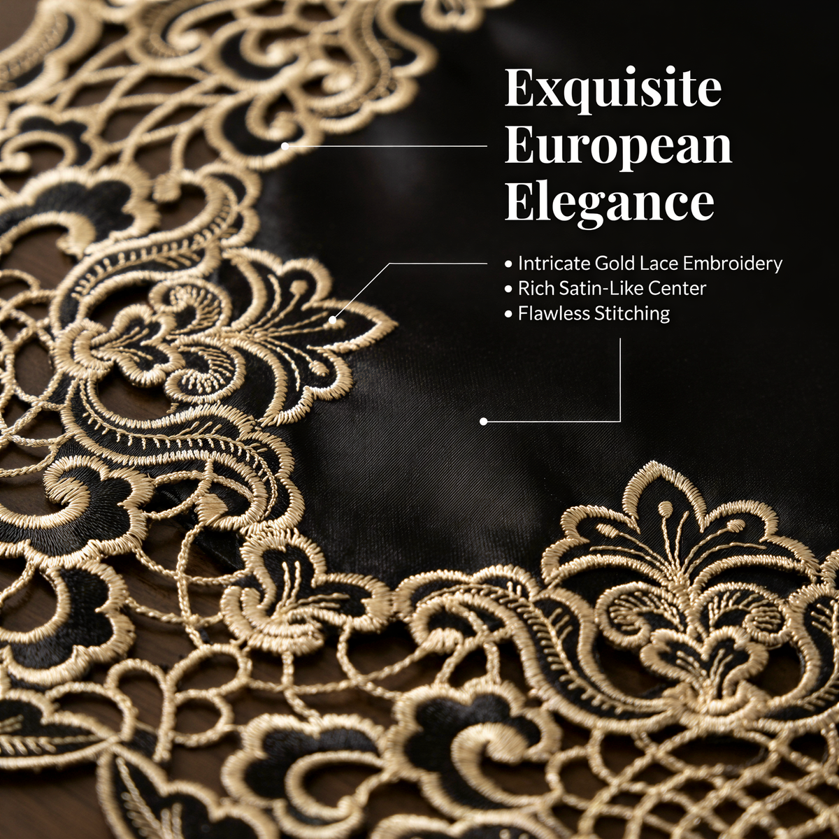 The image is a close-up of an intricate, ornate gold lace embroidery on a black background.
