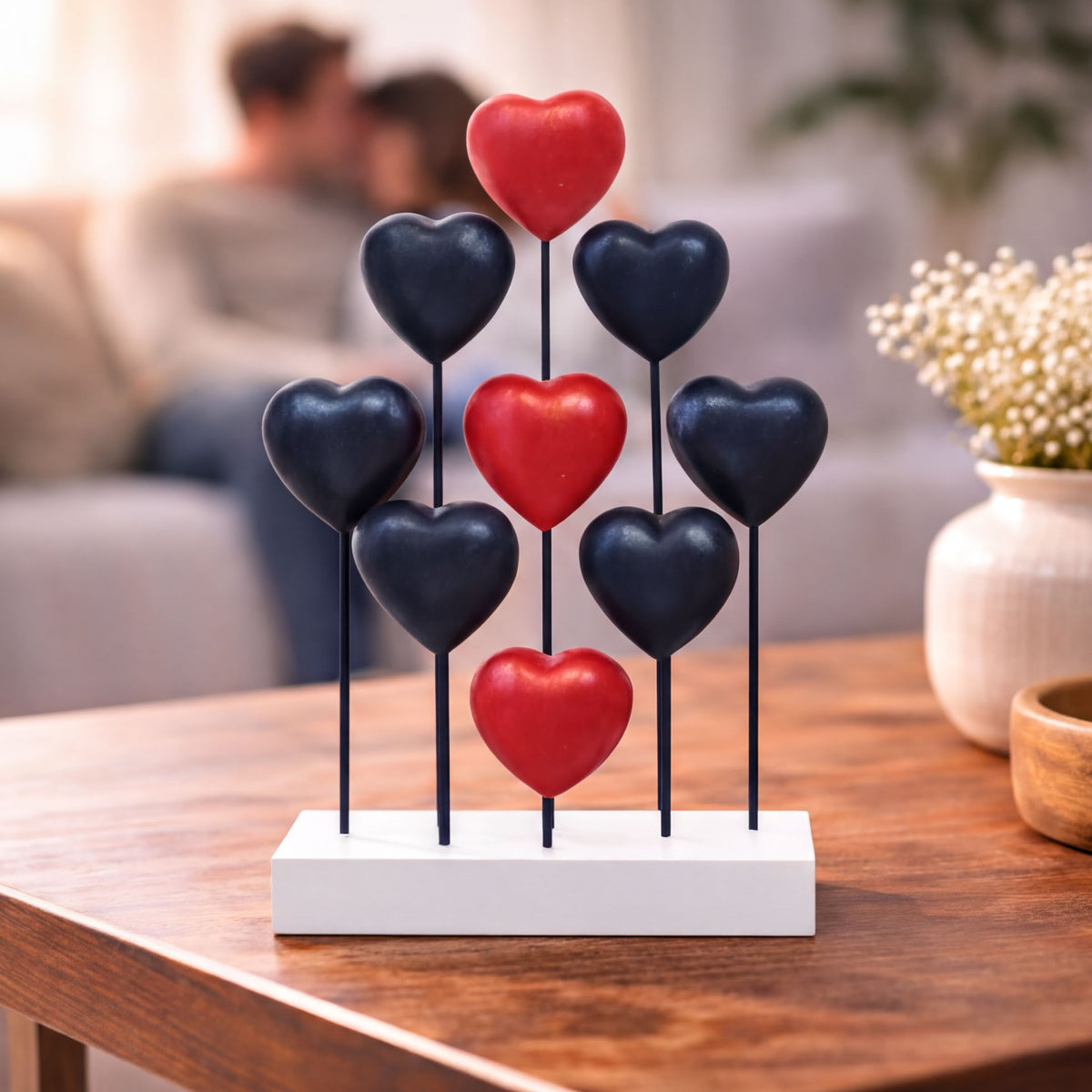 Handmade wooden USA flag heart sculpture, patriotic decor by Liberty Hearts, suitable gift for mom, crafted from natural wood.