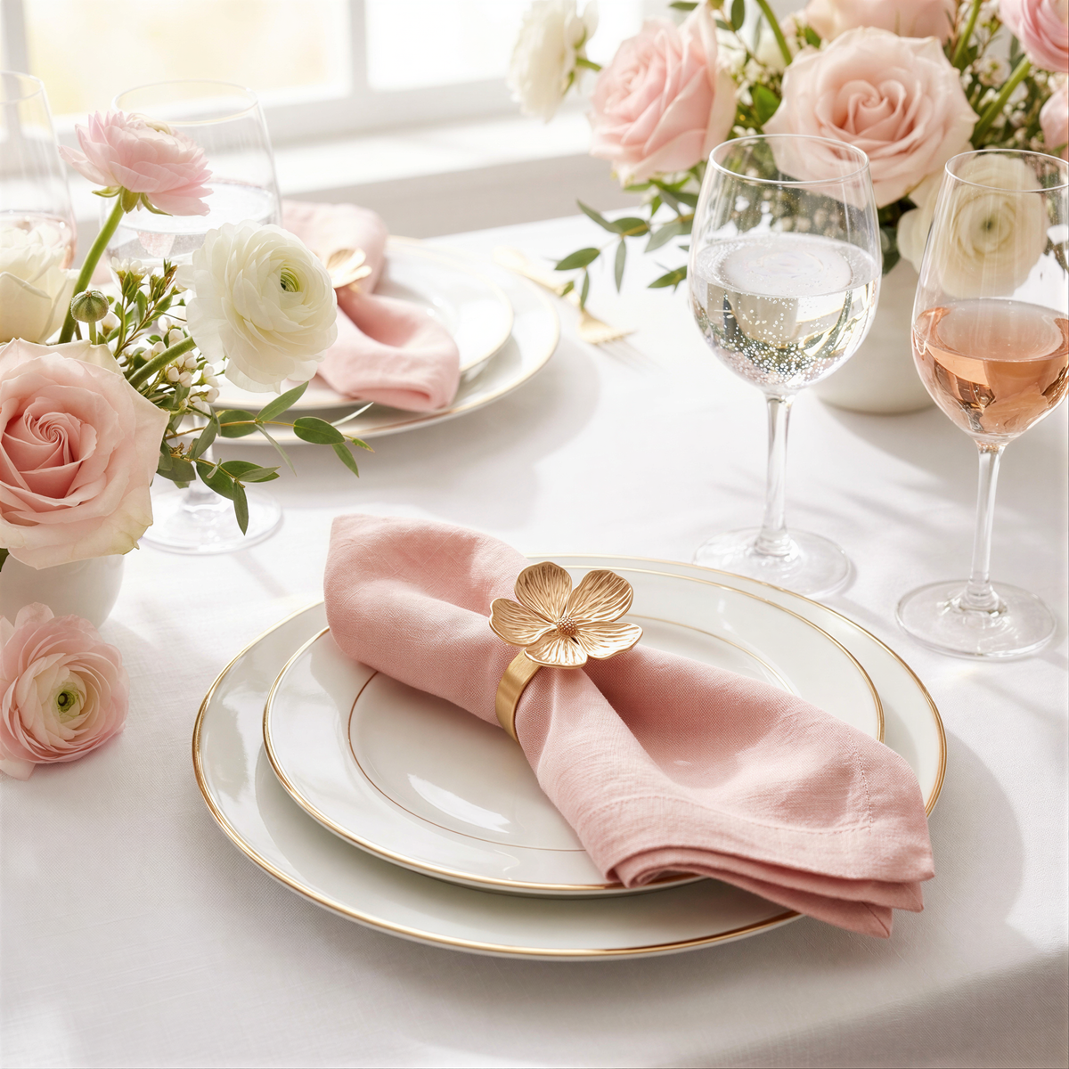 a beautifully set table with a pink napkin ring, white plates, and wine glasses. The table is adorned with pink roses and other flowers, creating a romantic and elegant atmosphere.