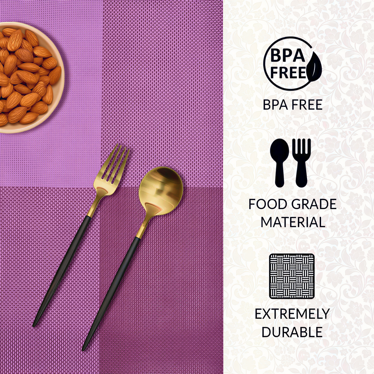 Pink and purple PVC placemats from Decozen, heat-resistant and washable, ideal for indoor and outdoor kitchen table decor.