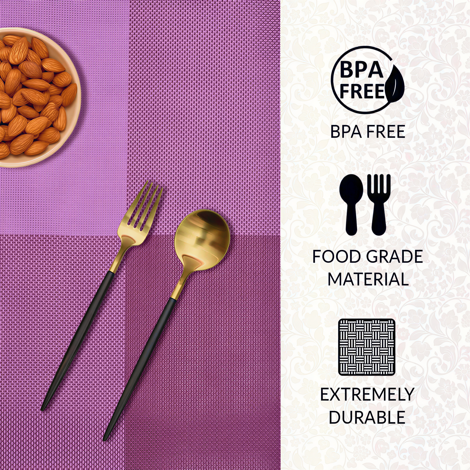 Pink and purple PVC placemats from Decozen, heat-resistant and washable, ideal for indoor and outdoor kitchen table decor.