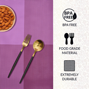 Pink and purple PVC placemats from Decozen, heat-resistant and washable, ideal for indoor and outdoor kitchen table decor.