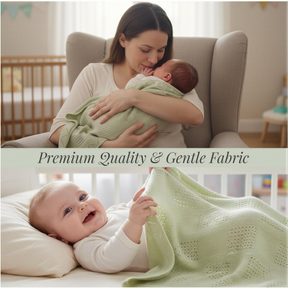 The image is a collage of two photos. In the top photo, a woman is holding a baby wrapped in a green blanket, and in the bottom photo, a baby is smiling while holding a green blanket. The collage includes text that reads "Premium Quality & Gentle Fabric".
