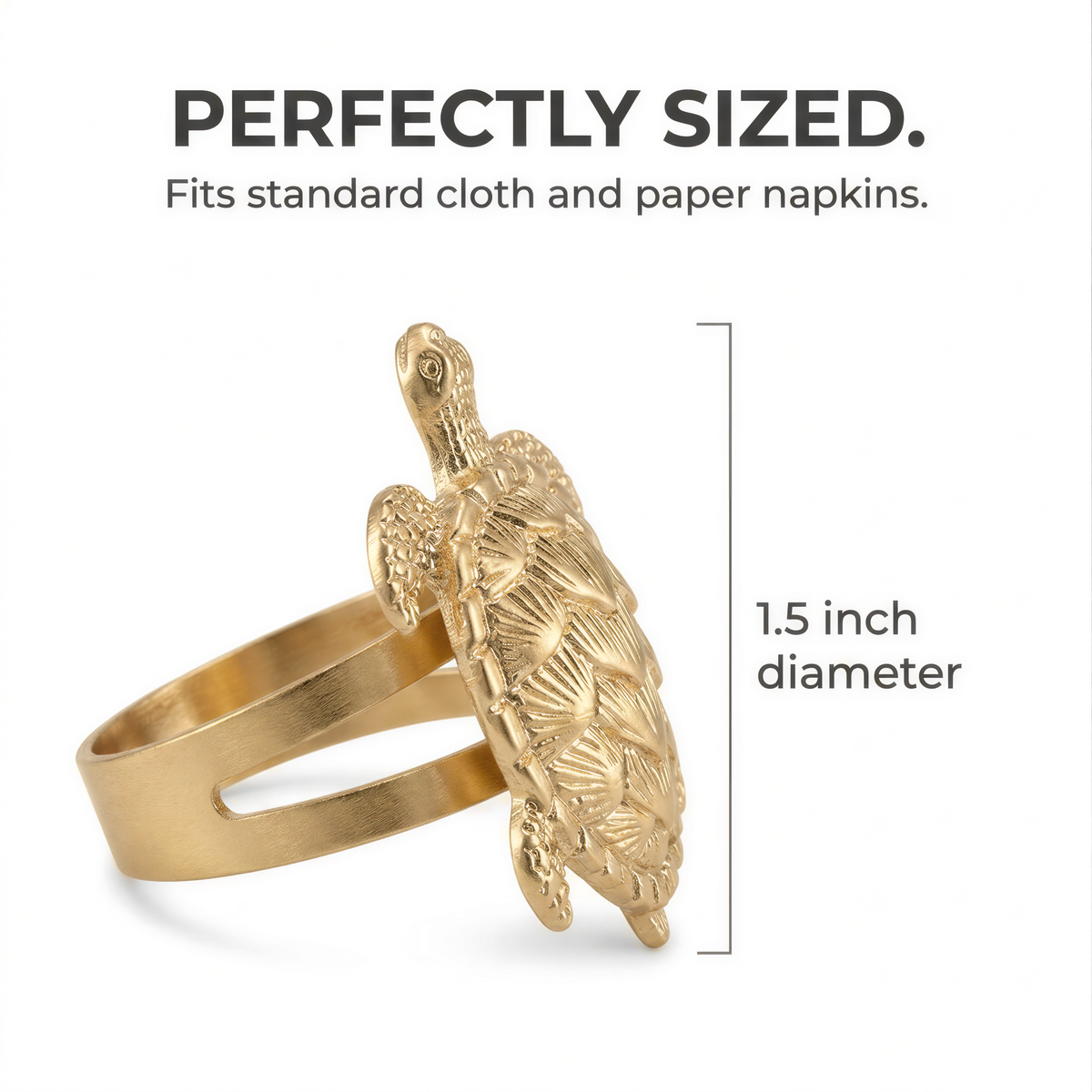 A gold-colored turtle-shaped napkin ring is shown, with a text overlay stating that it is perfectly sized and fits standard cloth and paper napkins.