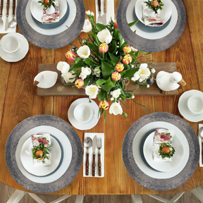 Set of four Dylian Grace beaded placemats from the Dylian Collection, decorative 14-inch table decor for elegant dining.