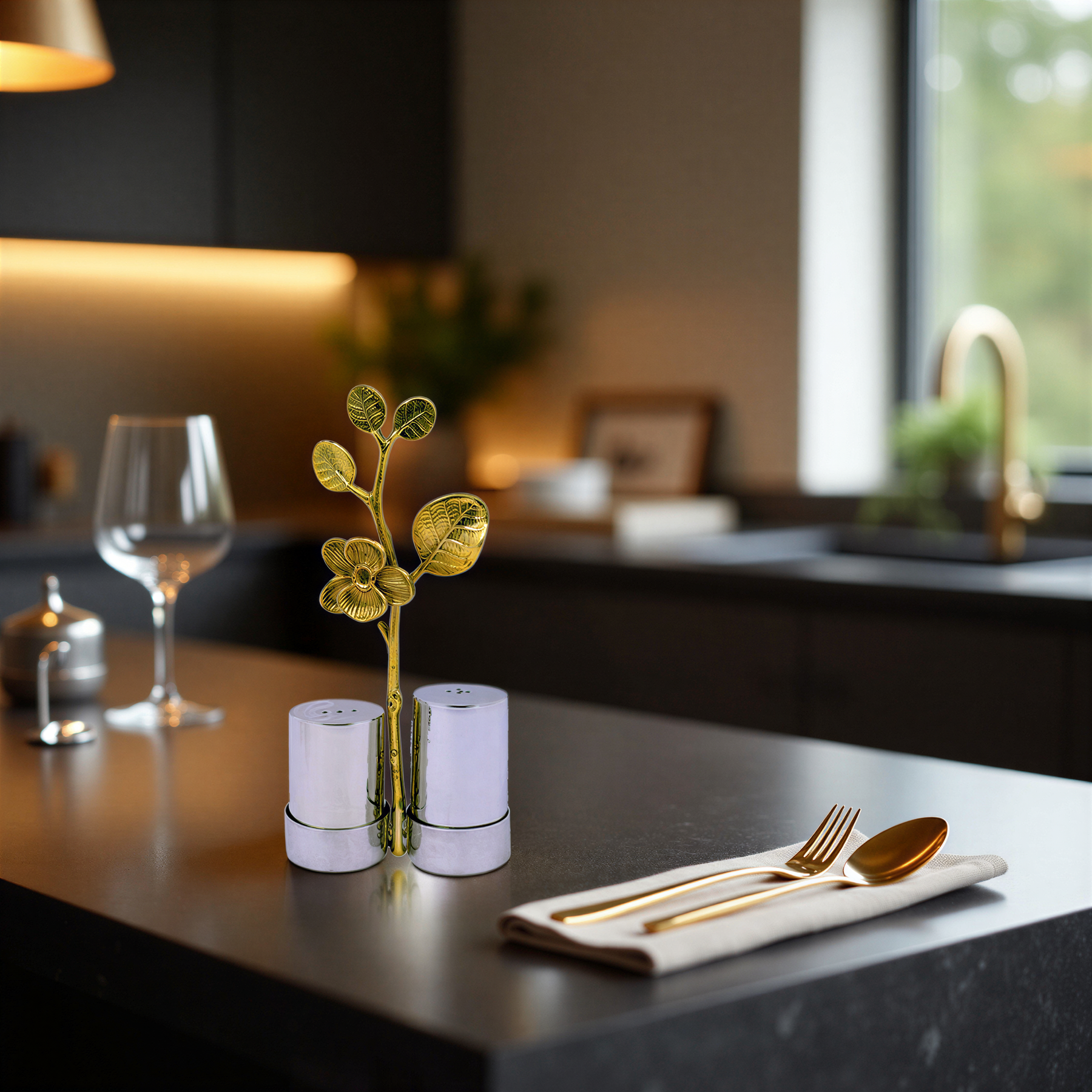 Salt and pepper shaker set for kitchen décor, featuring stylish ceramic shakers with black and white designs.