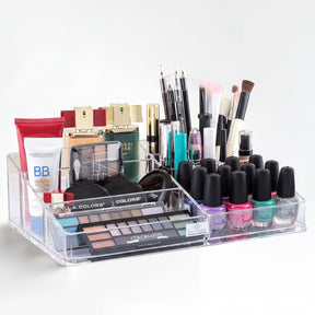 Clear F1047A makeup and jewelry organizer with 21 slots, featuring transparent compartments for easy access and storage.