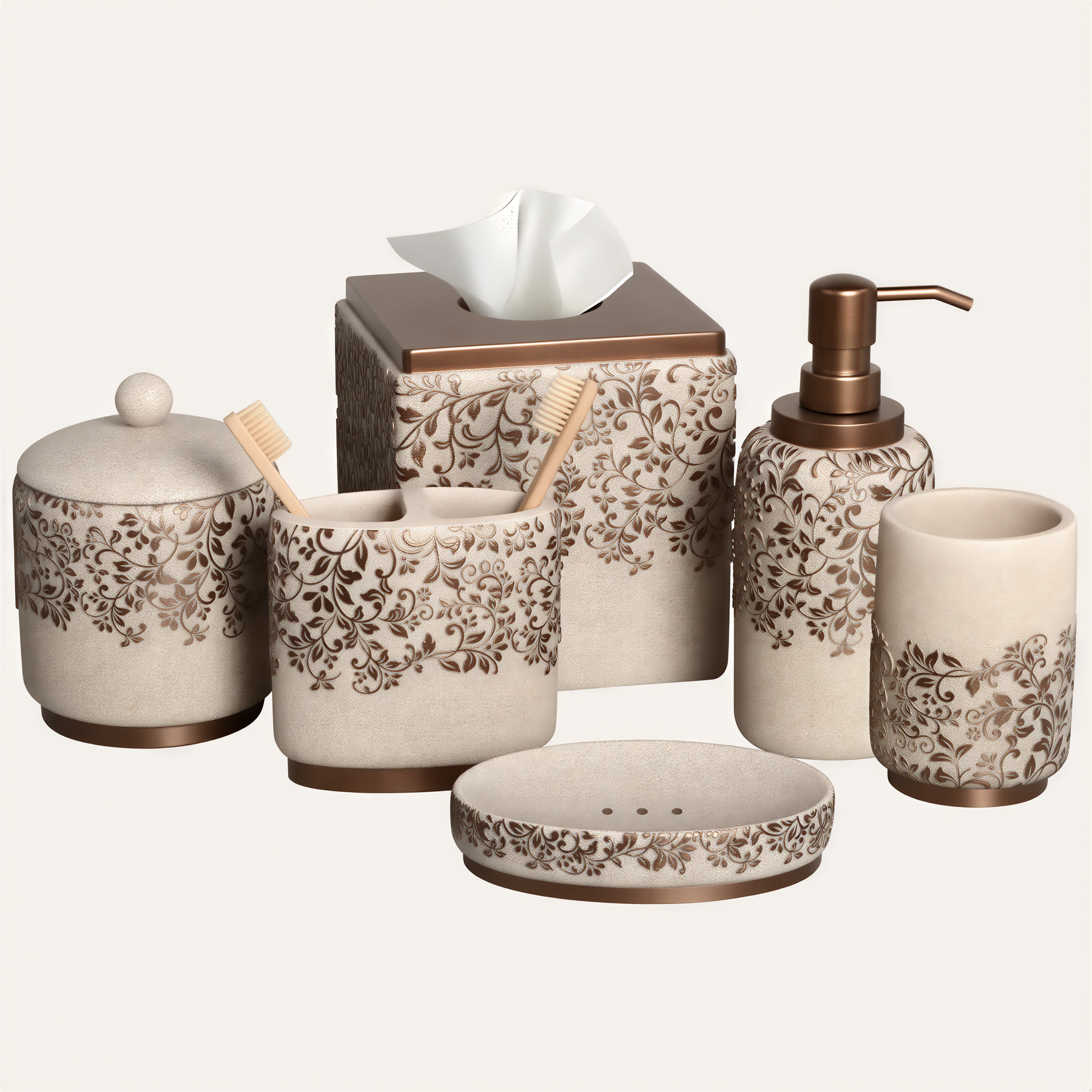 Set of 6 beige Stella Collection modern bathroom decor accessories by AH8312B, includes soap dispensers, trays, and holders.