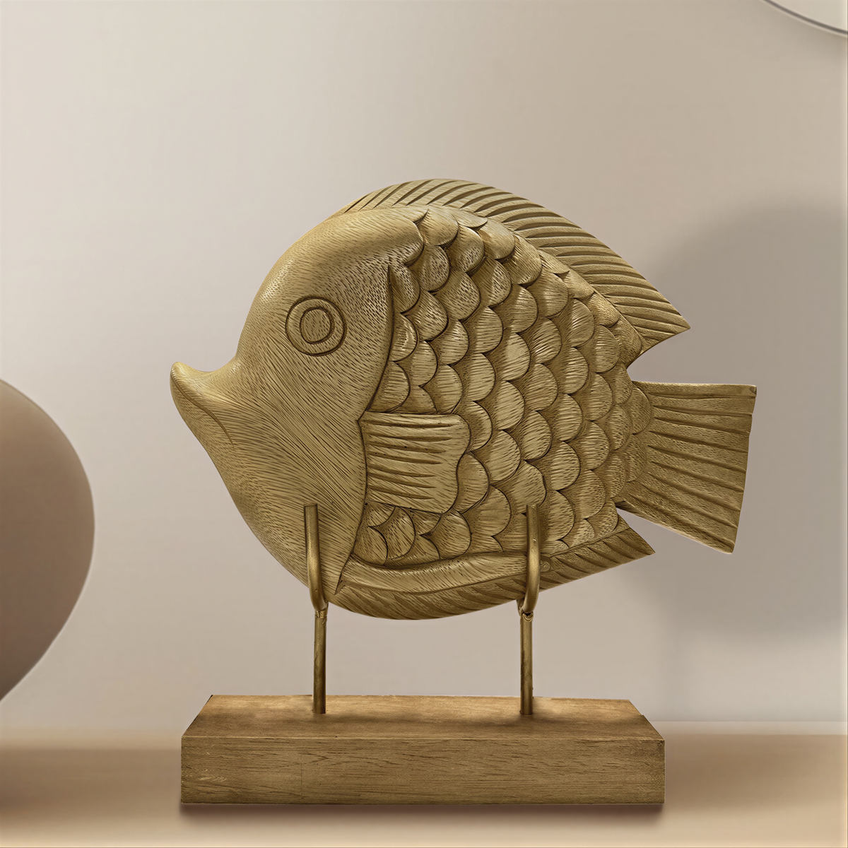 Hand-carved wooden fish sculpture from Ocean Whisper collection, artistic wooden décor piece for home decoration.