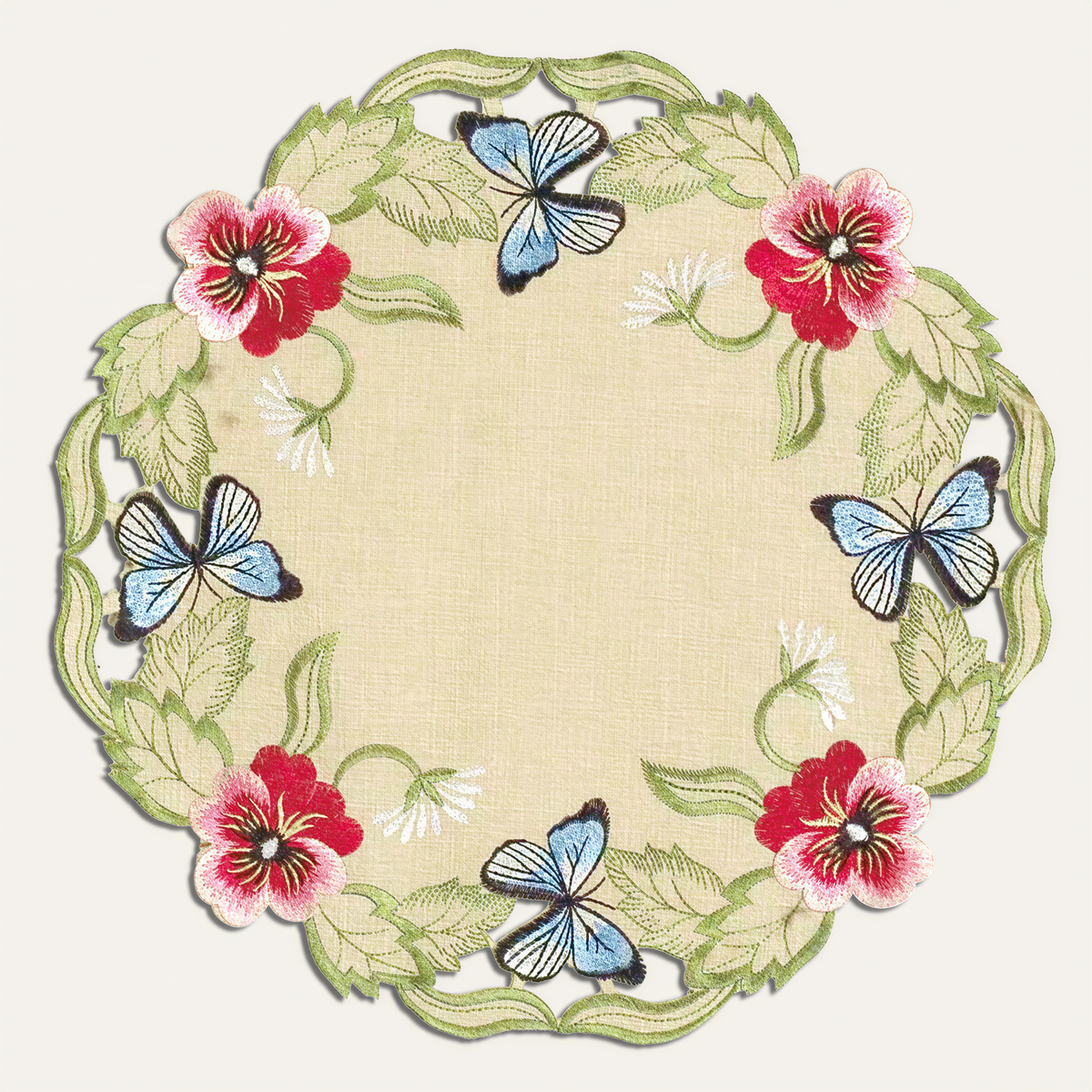 Set of four beige Sandy Dune table doilies from RIZ-007-DL Maliana Collection, 15-inch elegant dining table décor.