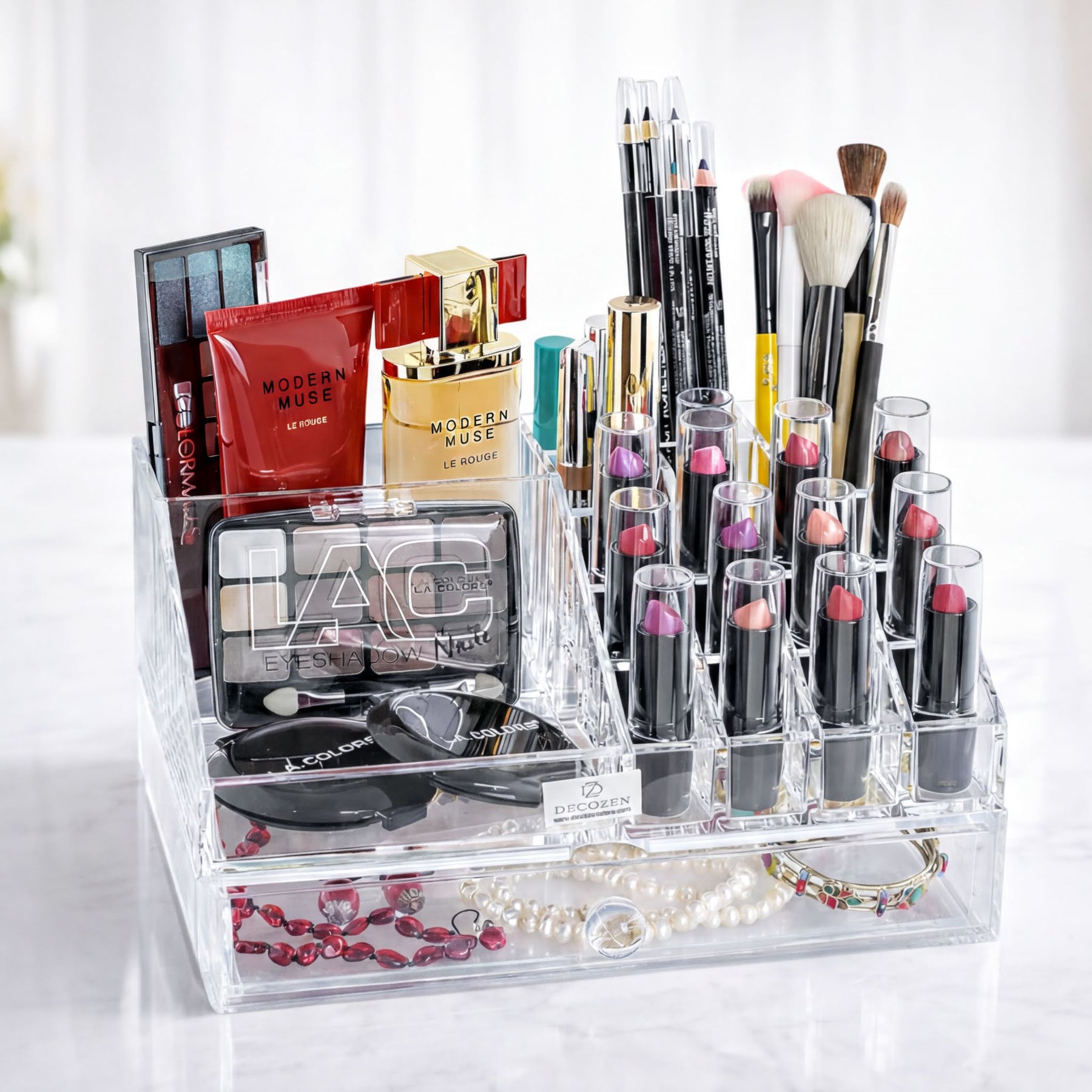 Clear F1267 makeup organizer with 19 slots and 1 drawer, perfect for storing cosmetics and beauty tools.