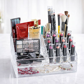 Clear F1267 makeup organizer with 19 slots and 1 drawer, perfect for storing cosmetics and beauty tools.