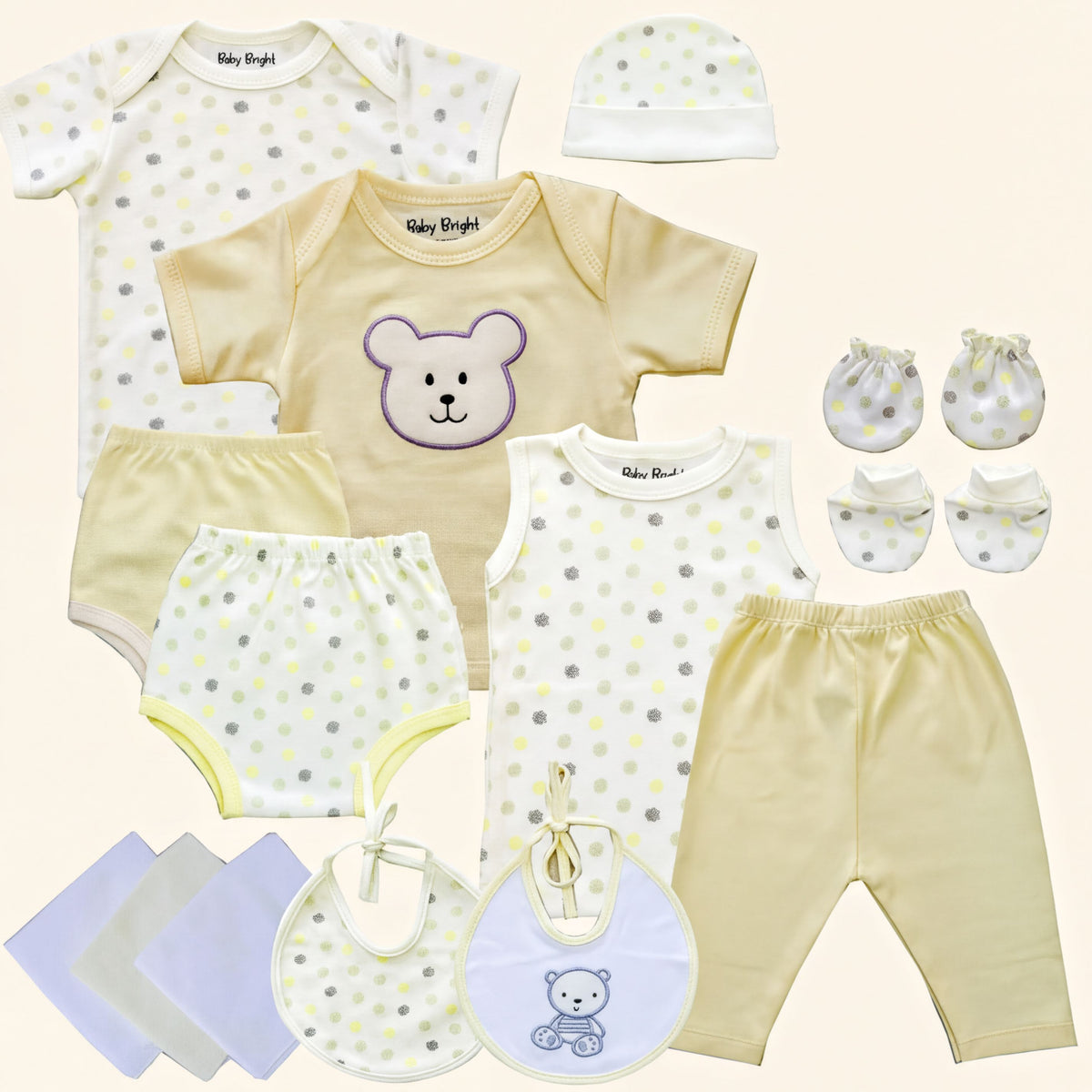 A collection of baby clothing and accessories, including onesies, hats, bibs, and mittens, all in a neutral color scheme of white and beige.