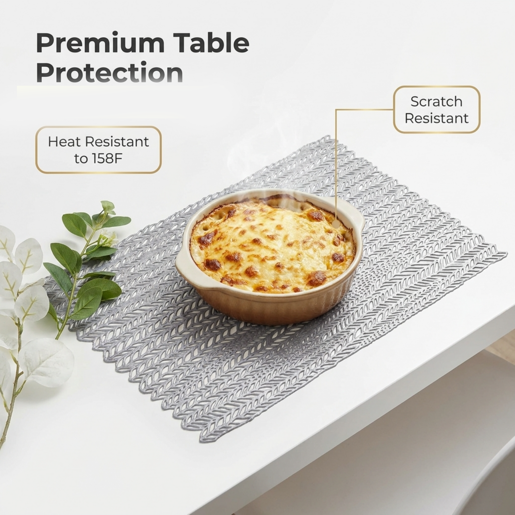 Set of six AMF032-SLV PVC cut-out placemats with decorative shapes, ideal for protecting tabletops during meals.