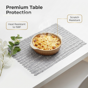 Set of six AMF032-SLV PVC cut-out placemats with decorative shapes, ideal for protecting tabletops during meals.