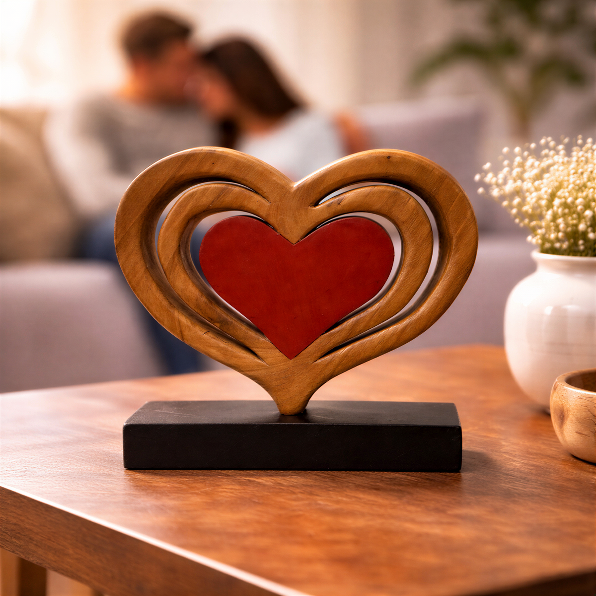 Handmade wooden sculpture of intertwined hearts, elegant home décor piece by LAY036, showcasing detailed craftsmanship and natural wood finish.