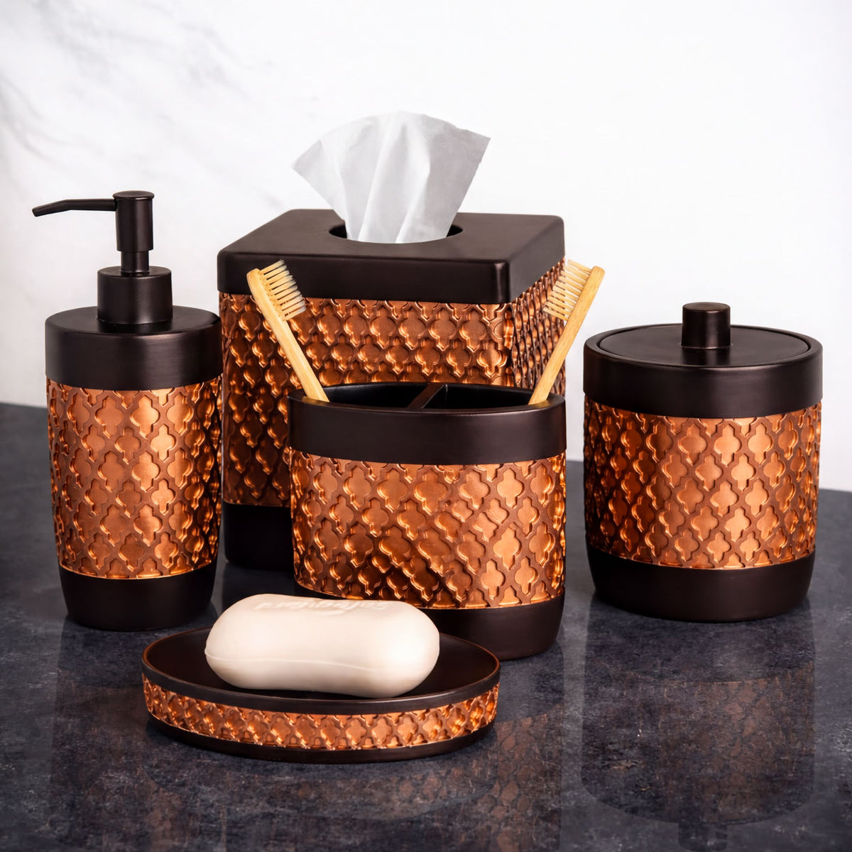 Elegant modern bathroom décor accessories set of 6 from The Wally Collection by AH7006, includes soap dispenser, tumbler, and accessories.
