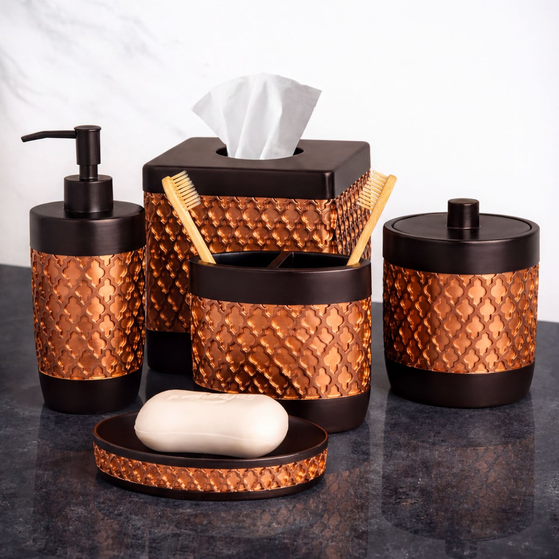 Elegant modern bathroom décor accessories set of 6 from The Wally Collection by AH7006, includes soap dispenser, tumbler, and accessories.