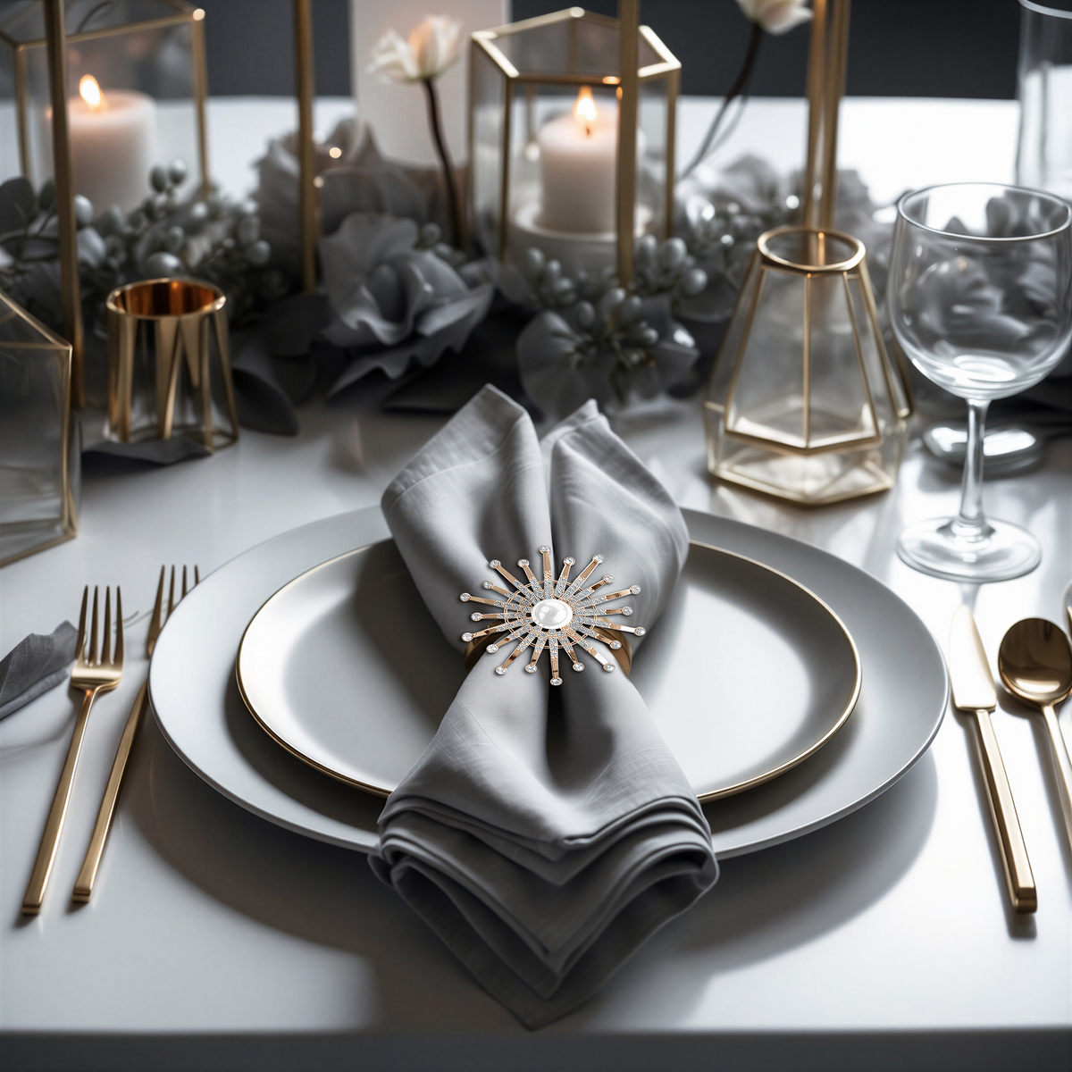 Set of four ZWZ-18-036 gold floral pearl napkin rings featuring an elegant golden blossom design for decorative dining table decor.
