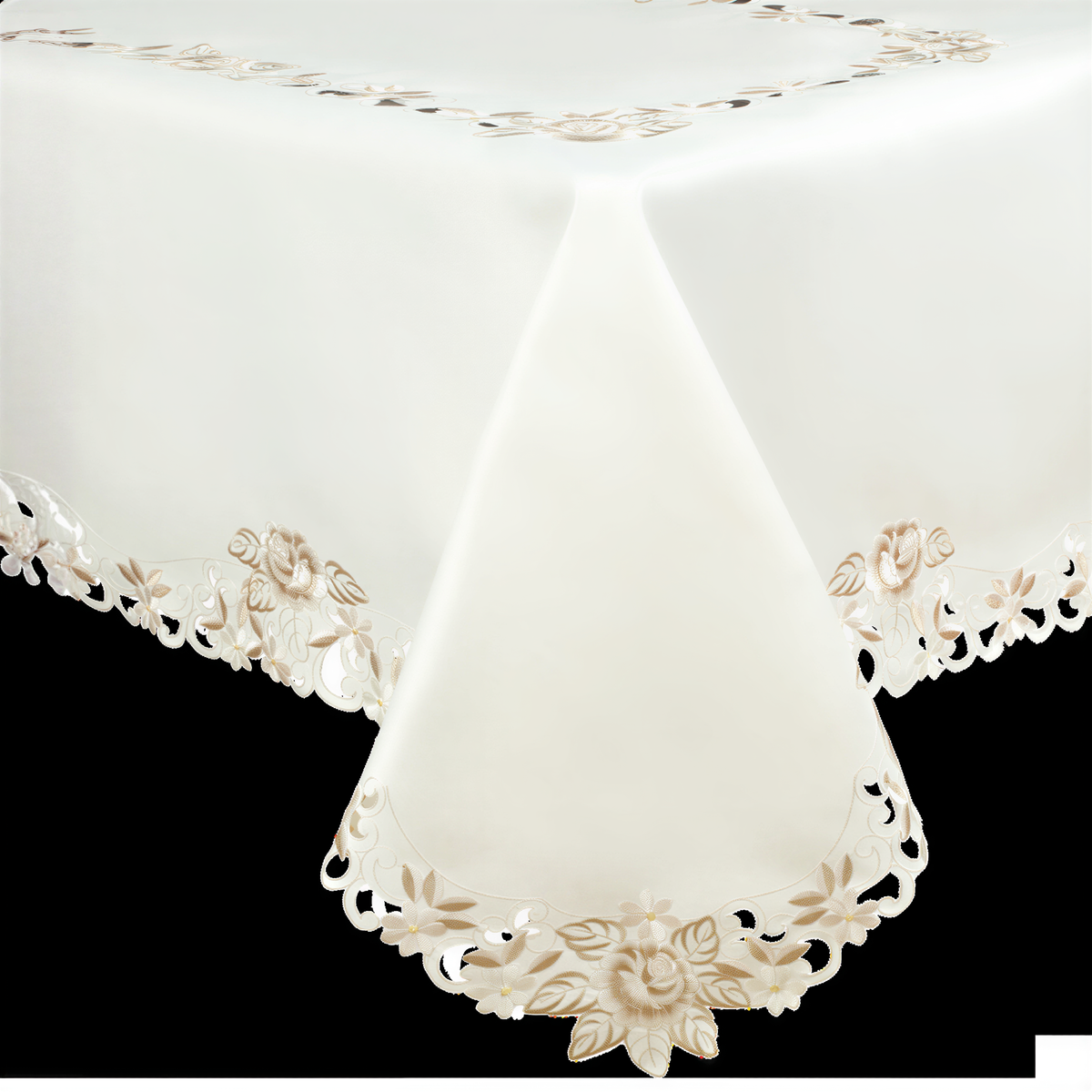 Elegant table cover from the Dayse Collection featuring European embroidery, designed for stylish table toppers.