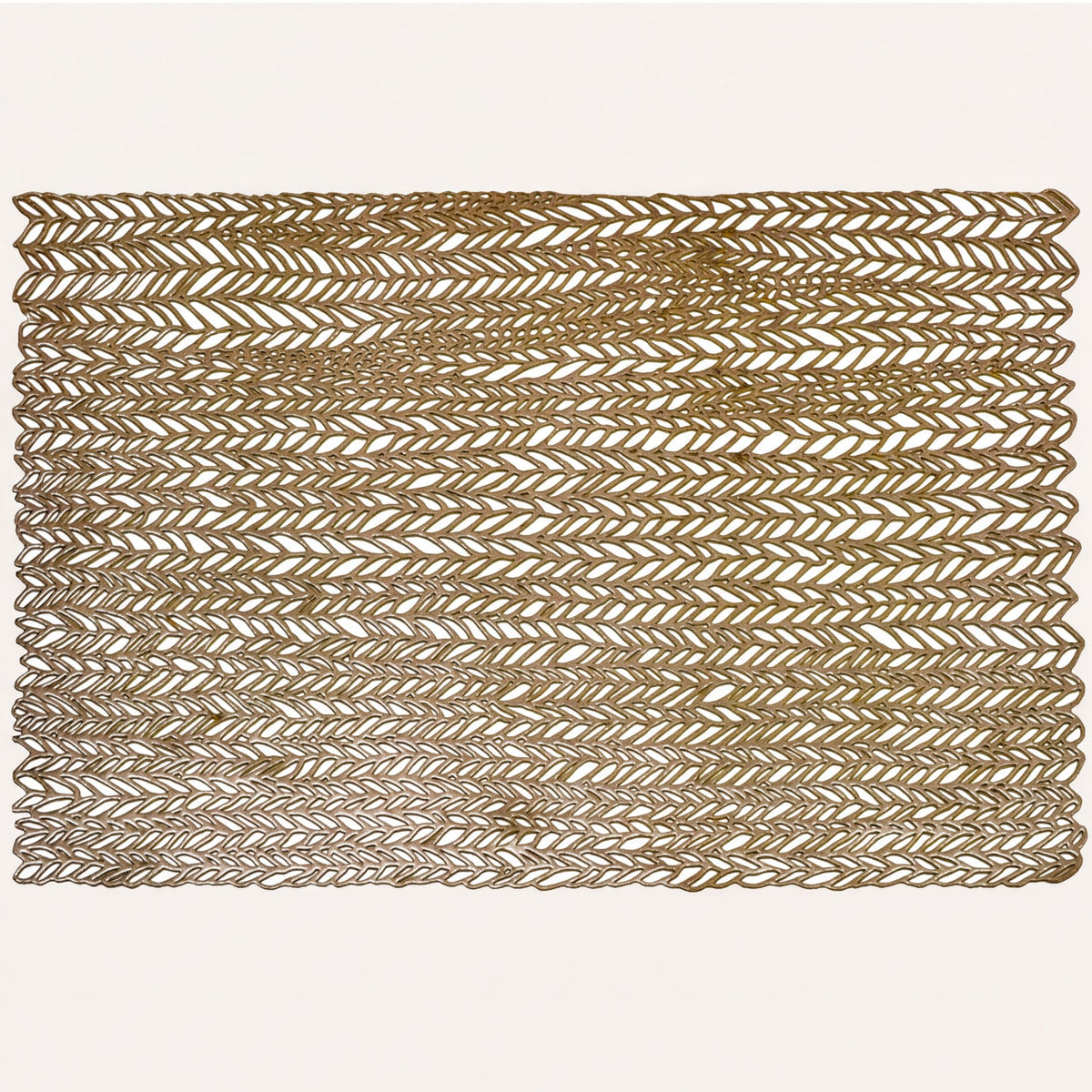 Set of six gold PVC cut out placemats with decorative patterns for protecting surfaces and enhancing table settings.