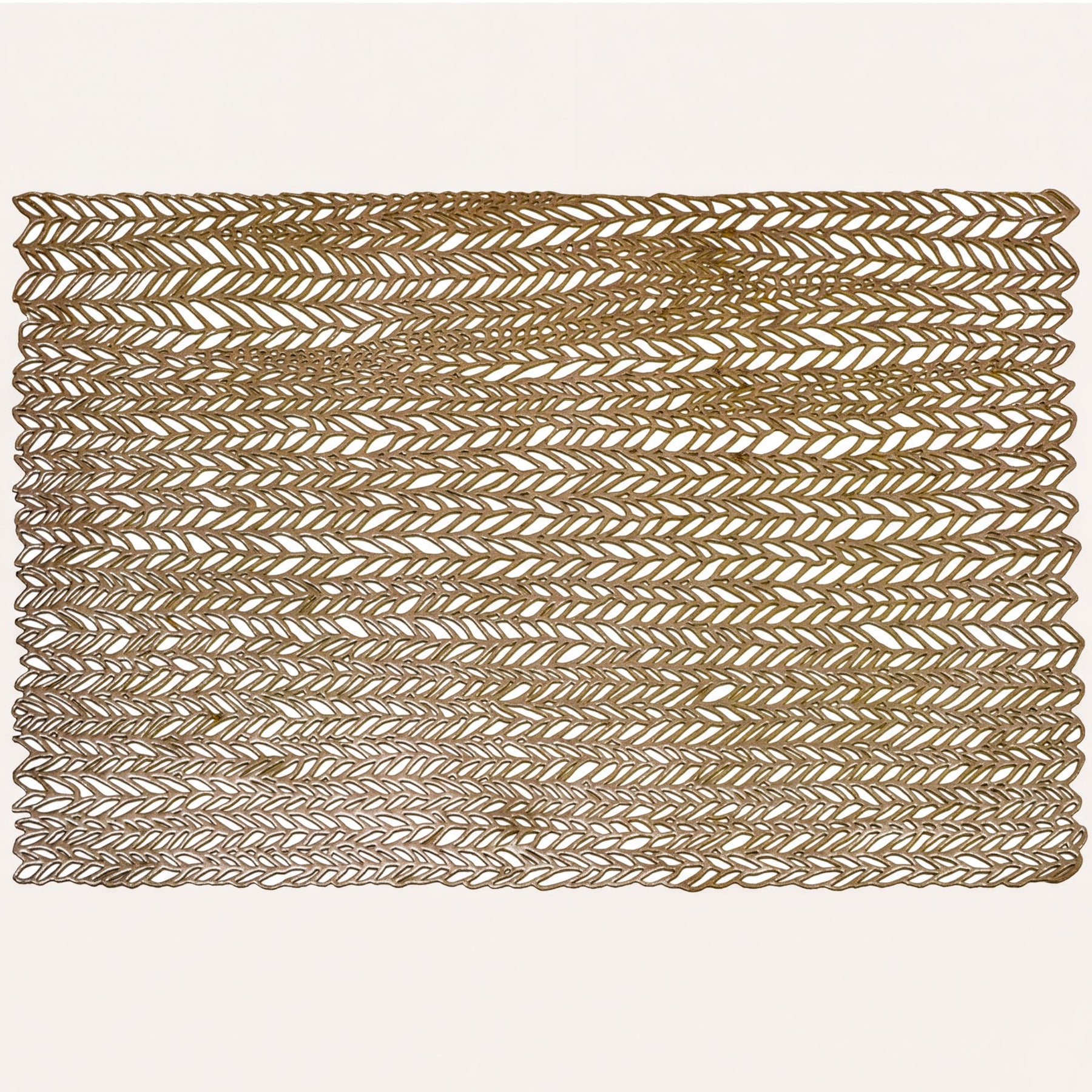 Set of six gold PVC cut out placemats with decorative patterns for protecting surfaces and enhancing table settings.