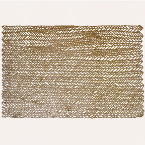 Set of six gold PVC cut out placemats with decorative patterns for protecting surfaces and enhancing table settings.