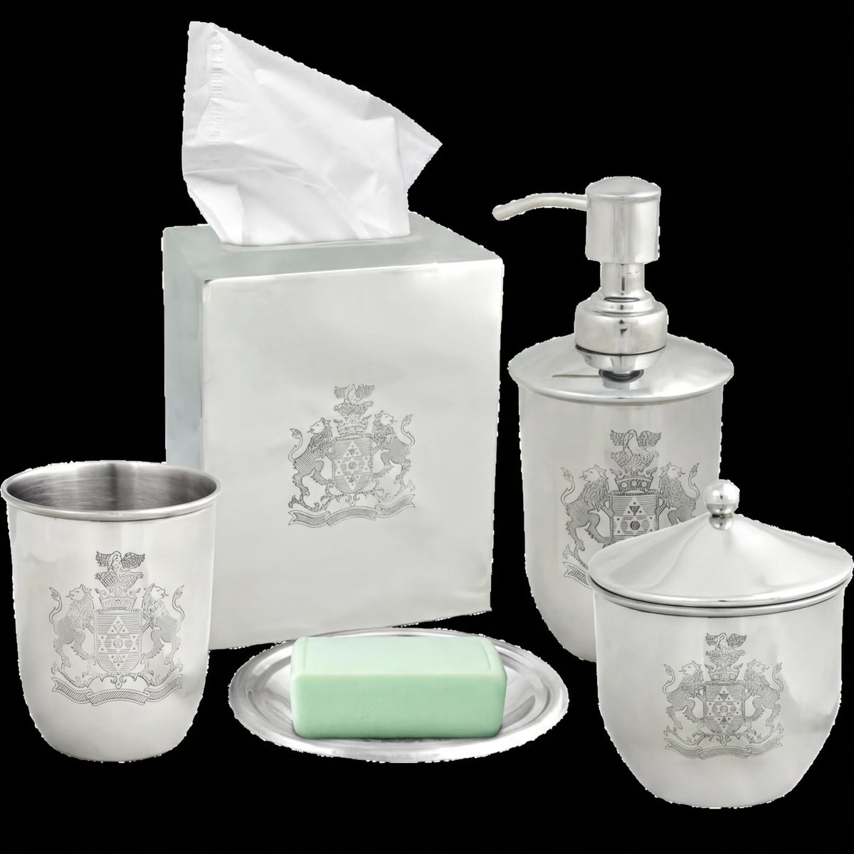 Elegant modern bathroom décor accessories set of 5 from The Durkee Collection, includes soap dispenser, trays, and toothbrush holder.