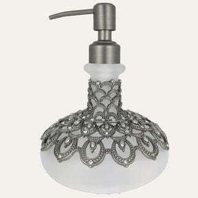 Soap Dispenser – Frosted Glass Bathroom Accessory with Pewter Pump & Rhinestone Details