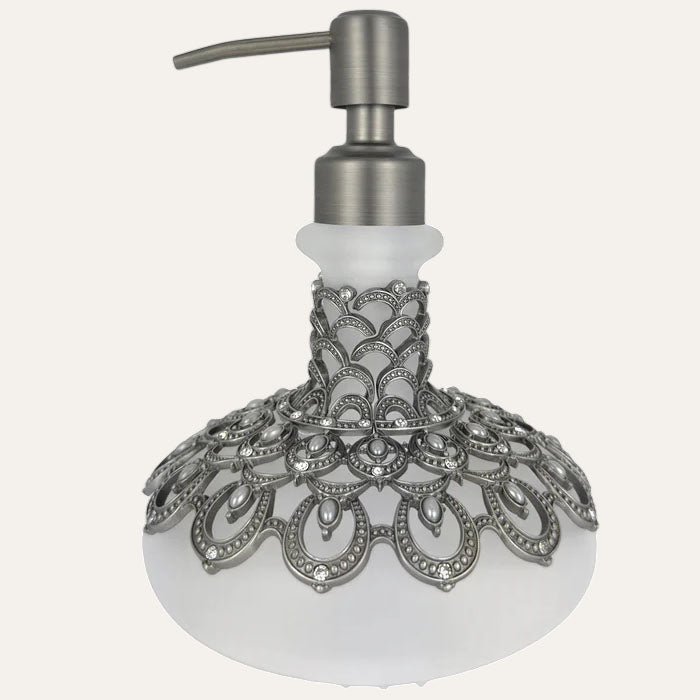 Soap Dispenser – Frosted Glass Bathroom Accessory with Pewter Pump & Rhinestone Details