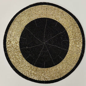 Decozen Round Beaded Placemats - Black and Gold, Set of 16 - 14 Inches - Durable, Scratch & Heat Resistant Tablemats for Dining Table, Kitchen Decor Charger