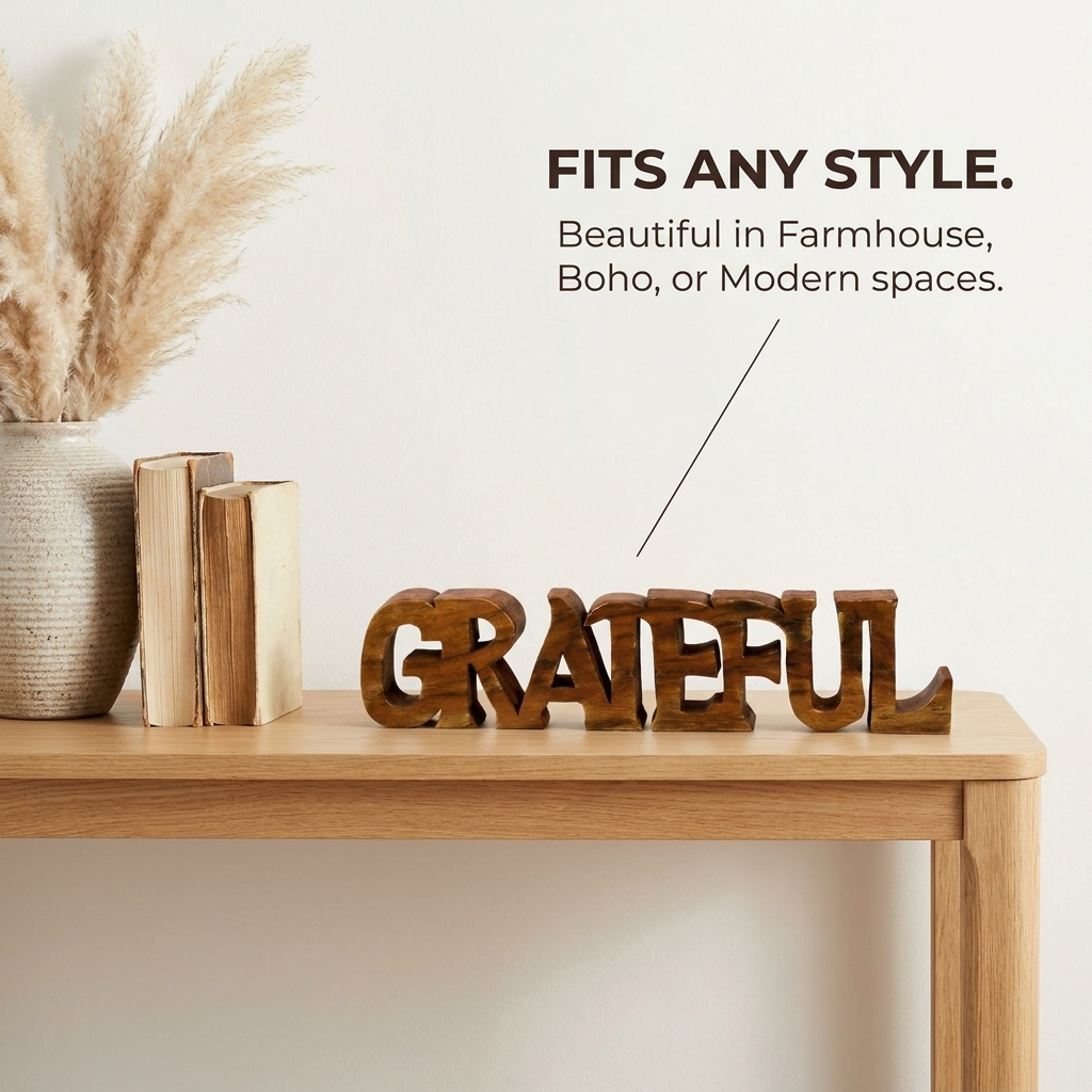 Wooden Word Sculpture – Handmade Acacia Wood Decor | Grateful Word Art Gift