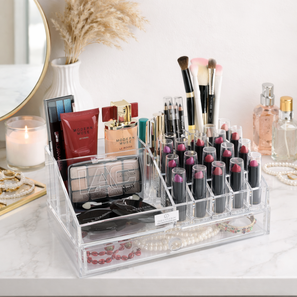 Clear F1267 makeup organizer with 19 slots and 1 drawer, perfect for storing makeup and beauty tools neatly.