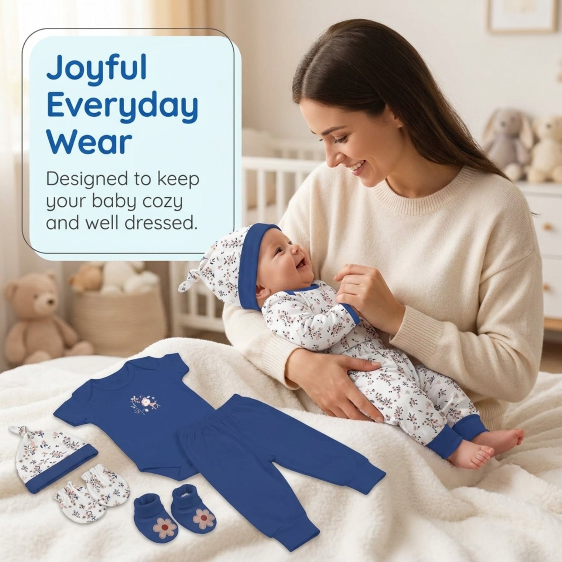A woman is holding a baby in a cozy room, surrounded by baby clothing and accessories, including a blue onesie, hat, and booties.
