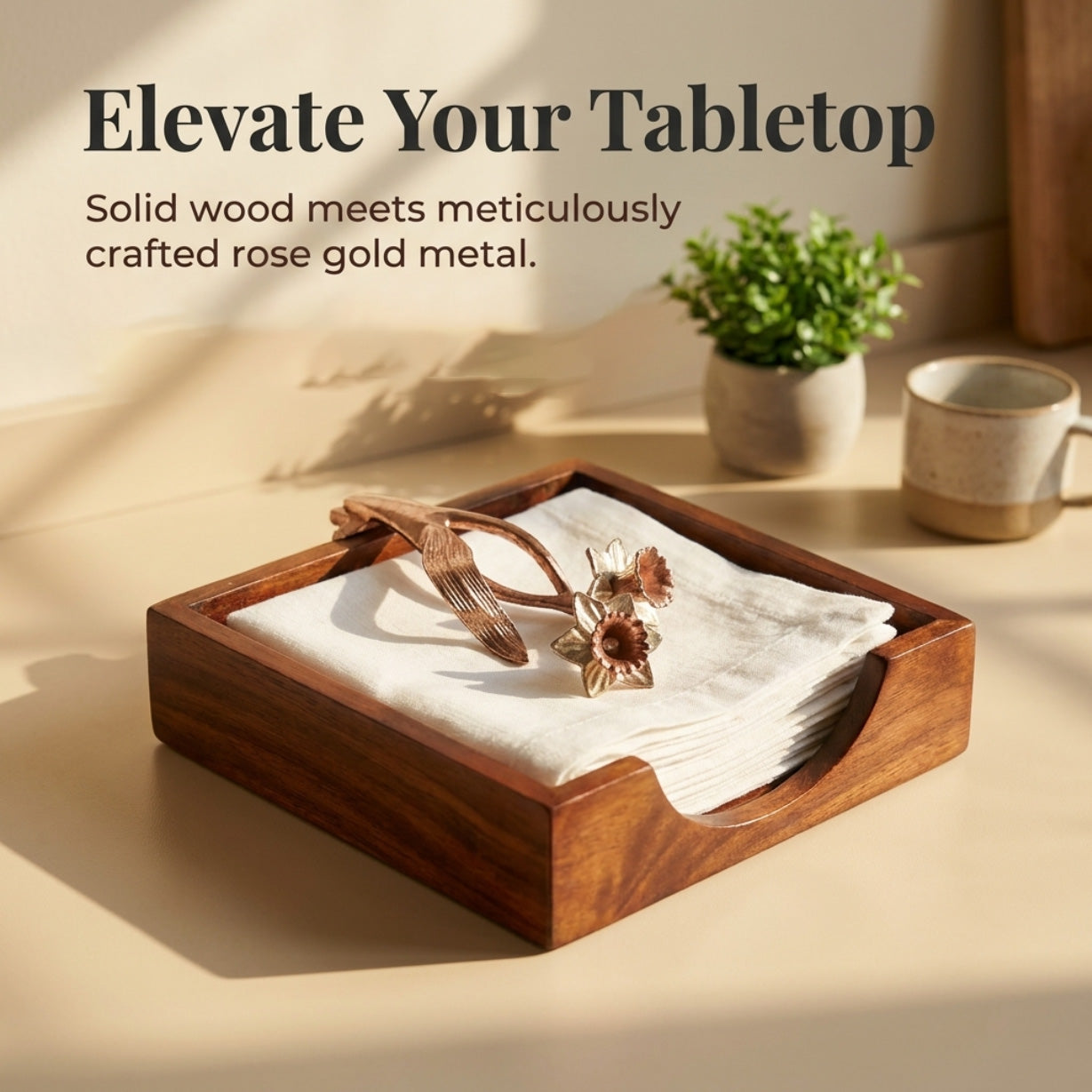 Solid Wood Napkin Holder with Rose Gold Finish Ornament