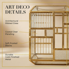 Gold metal frame glass candle holder lantern with a classic design, perfect for home decor and ambient lighting.