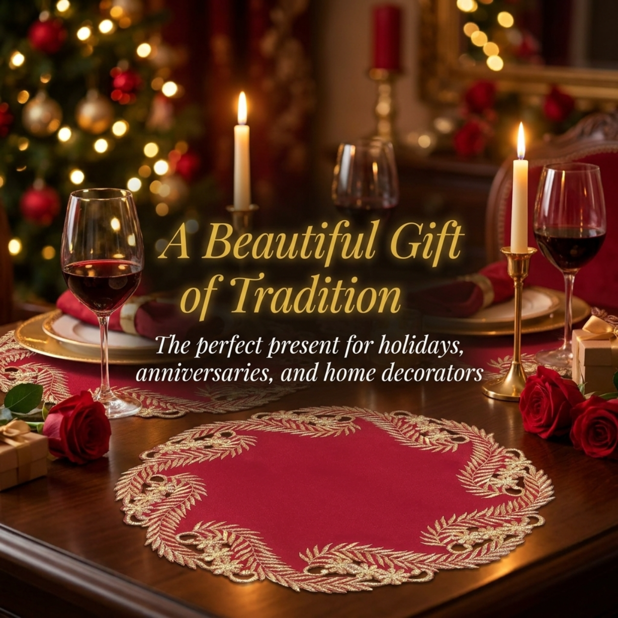 Elegant Burgundy gold RIZ-011-DL doilies from the Wine Grace – Burgundy Gold Table Doilies collection, 15-inch modern dining décor.