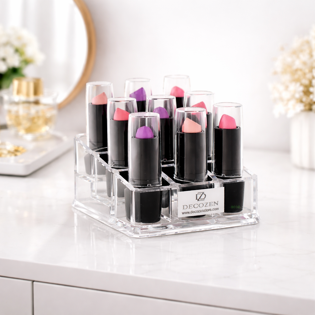 Clear F1110 makeup organizer with 9 slots for cosmetics and beauty tools, ideal gift for mom, showcasing a transparent design