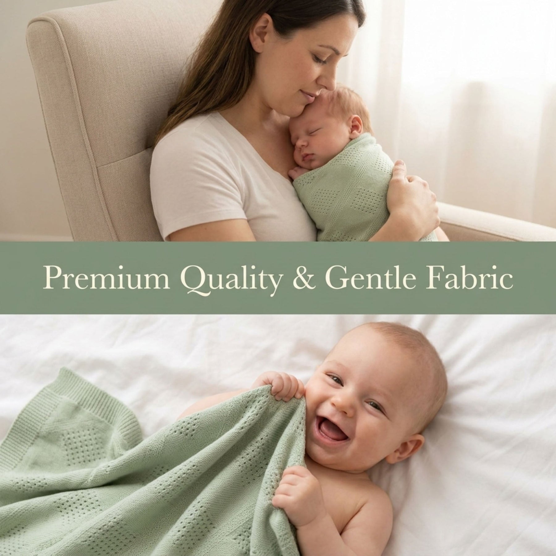 The image is a collage of two photos. In the top photo, a woman is holding a sleeping baby wrapped in a green blanket, and in the bottom photo, the same baby is smiling and holding a green blanket. The text "Premium Quality & Gentle Fabric" is displayed above the images.