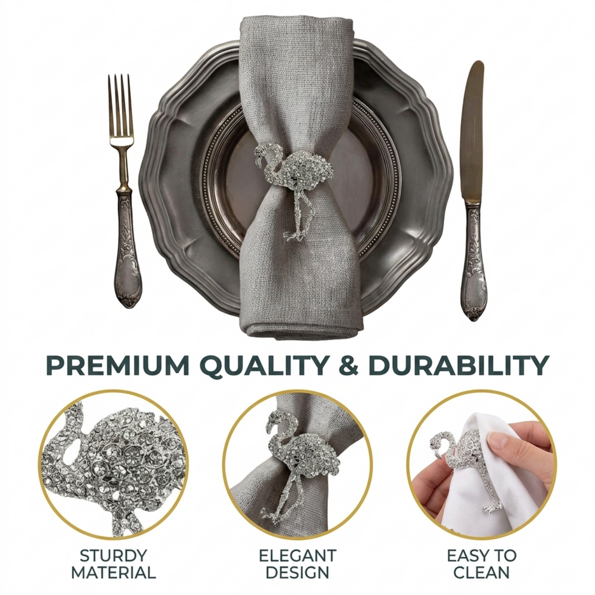 The image showcases a set of silverware and a napkin ring, highlighting their premium quality and durability. The napkin ring is adorned with a rhinestone embellishment, adding an elegant touch to the presentation. The silverware, including a fork and knife, complements the napkin ring, creating a cohesive and sophisticated dining experience. The image emphasizes the importance of these details in creating a visually appealing and functional dining setup.