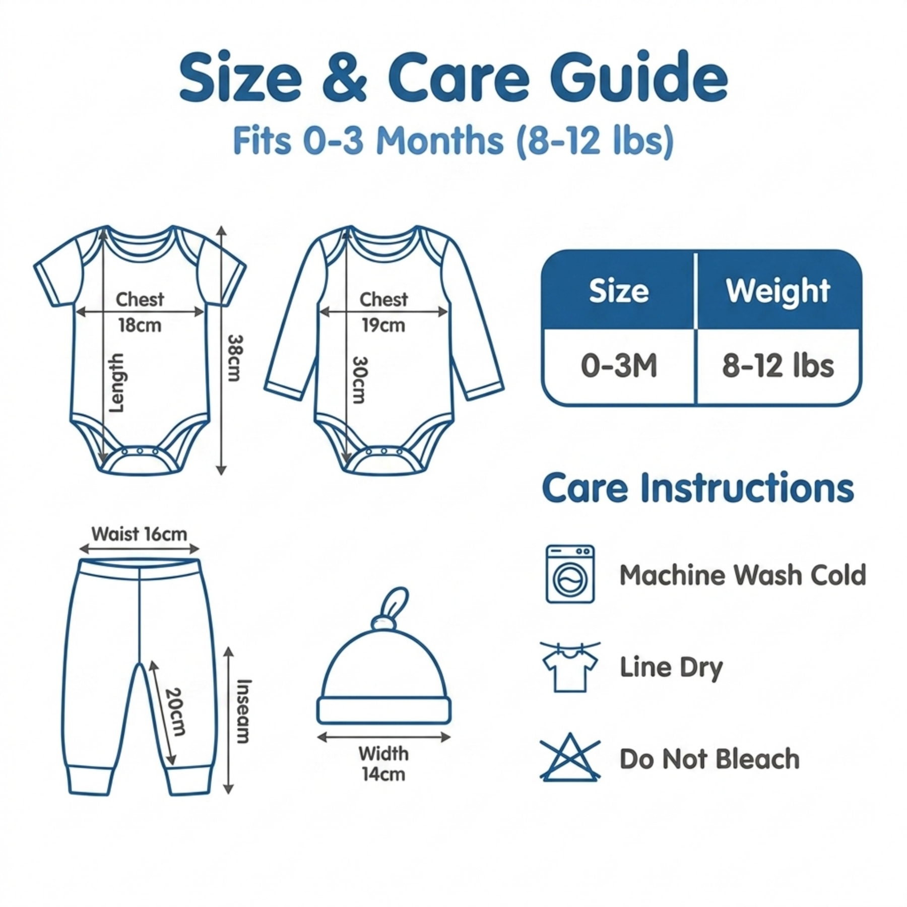 The image is a size and care guide for baby clothes, providing measurements and care instructions for various items such as a chest, size, weight, and care instructions.