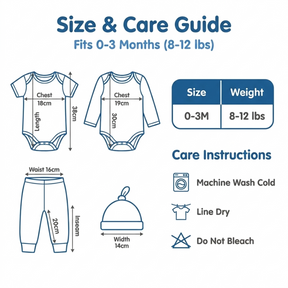 The image is a size and care guide for baby clothes, providing measurements and care instructions for various items such as a chest, size, weight, and care instructions.