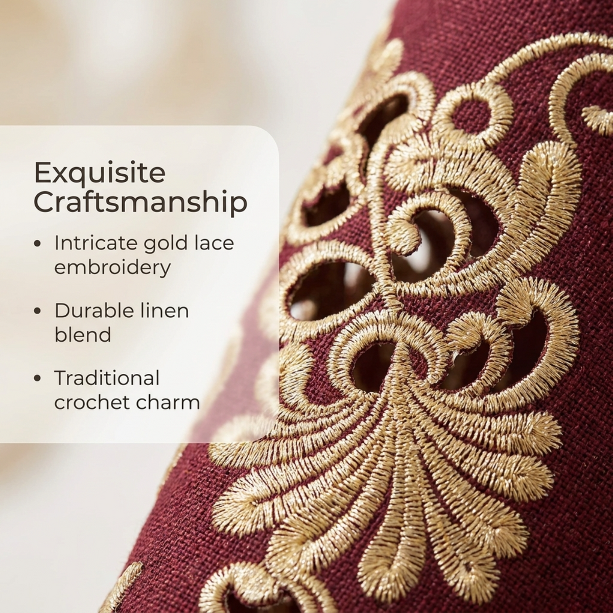 Burgundy gold table doilies from the Chantelle Collection, 15-inch artistic doilies by RIZ-009-DL for elegant table décor.