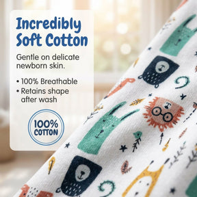 The image is a close-up of a soft cotton fabric with a playful animal print, including a lion, rabbit, and bear. The fabric appears to be 100% cotton, and the text highlights that it is gentle on delicate newborn skin, 100% breathable, and retains its shape after washing.
