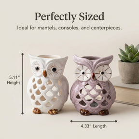 Hampton Lucky Owl tea light candle holders set of 2 by CA11445-MB & CA11446-MB, featuring owl-shaped design in metal.
